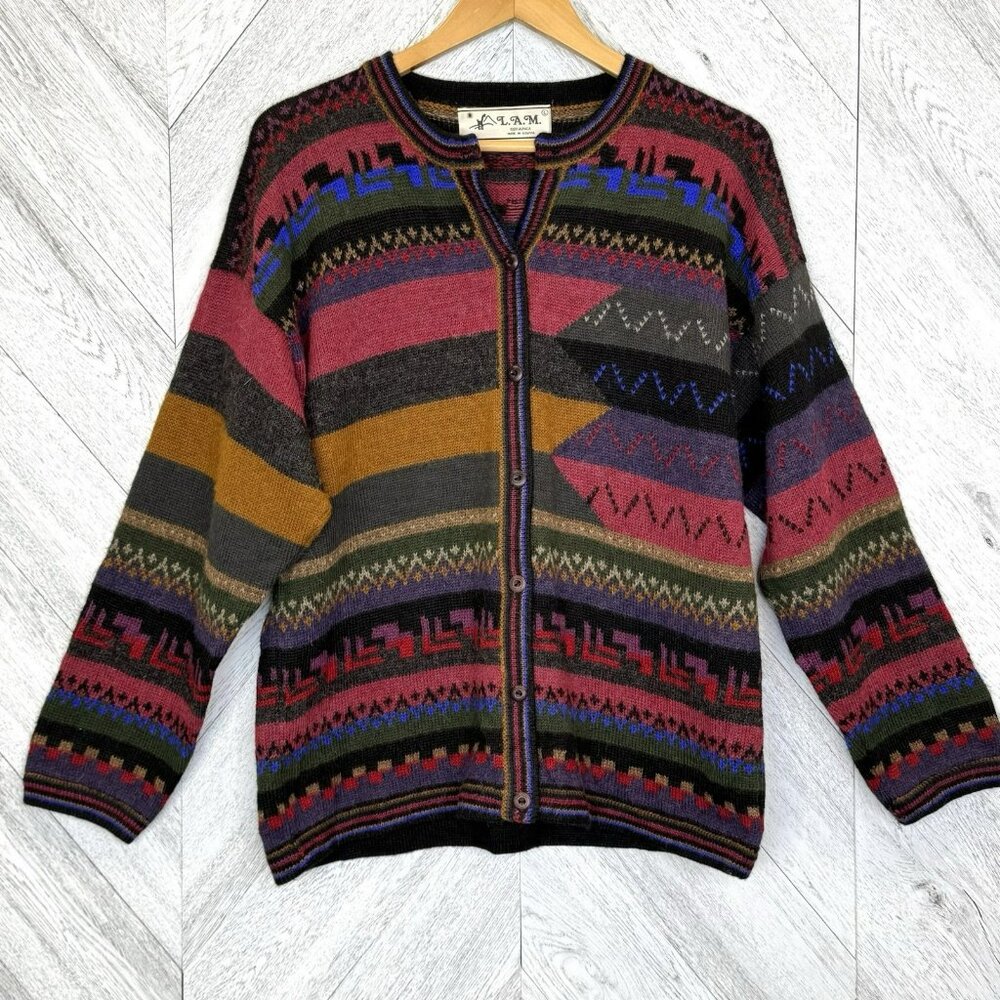 L.A.M Cardigan Sweater Womens Size Large 100% Alpaca Knit Multi-Color
